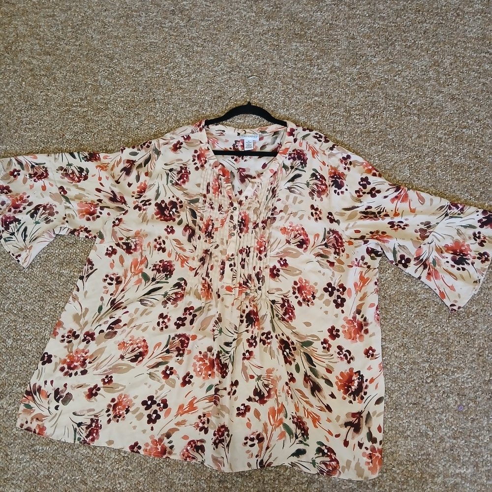 Catherines Cream Floral Pintuck Split-Neck Tunic with Coral & Green